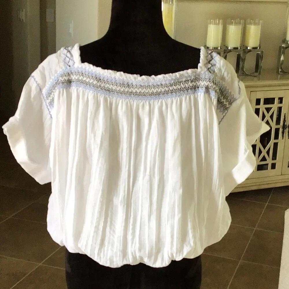 Free People White Smocked Square Neck Peasant Top with Light Blue Trim